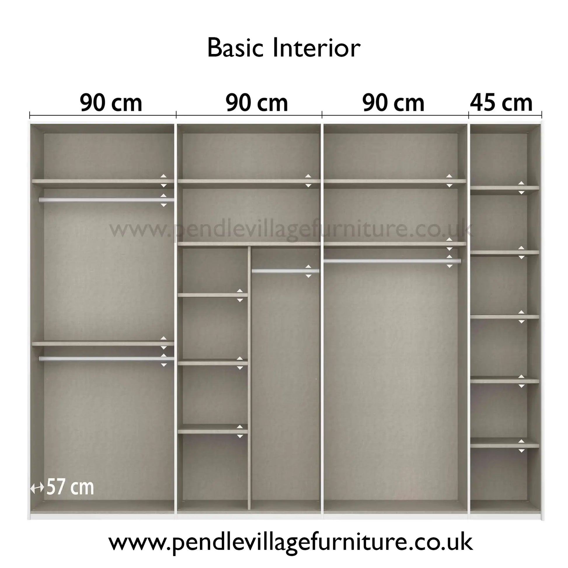 Rauch Frankfurt Two Tone Mirror Front Sliding Door Wardrobe - W316cm - Basic Interior with Dimensions