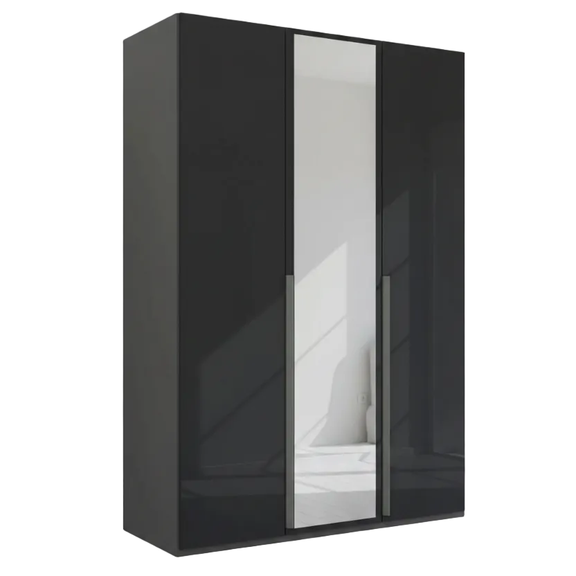 Rauch Frans 151cm Black Glass 3 door wardrobe with Mirror, Premium Interior and Long Door handles