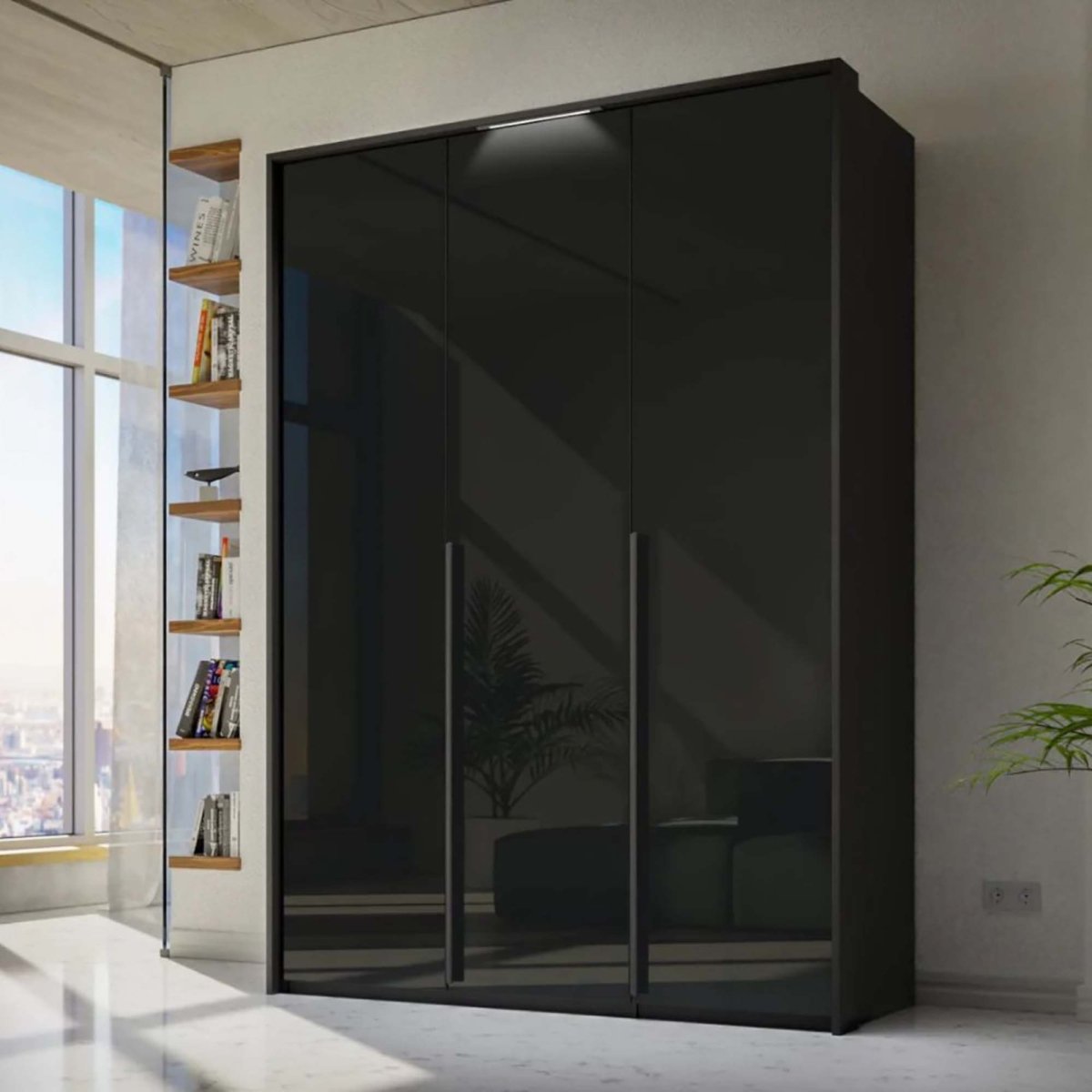 Rauch Frans 151cm 3 Door Wardrobe in Graphite Glass - Passepartout Frame with Lights