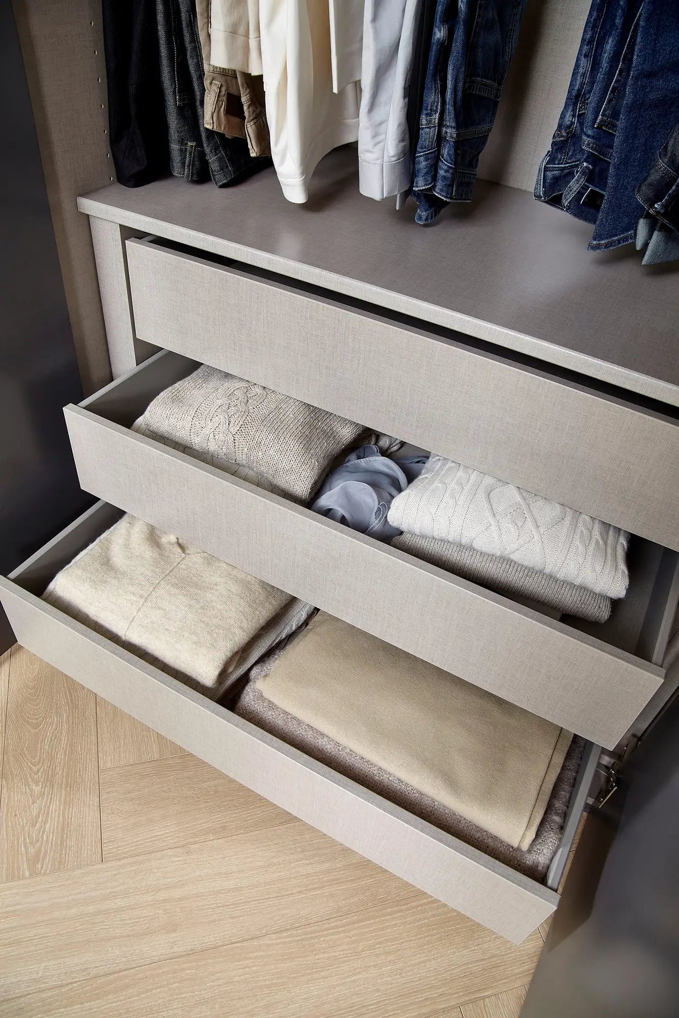 Rauch Frans 151cm 3 Door Wardrobe in White Glass - Interior view Drawers Styled in a Room