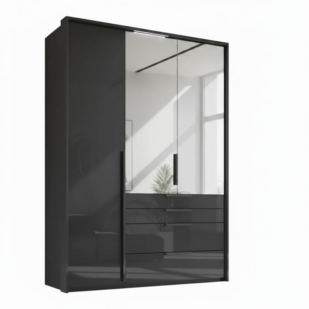 Rauch Frans 151cm Graphite Glass 3 door wardrobe with 4 exterior drawers, Mirror and Passepartout Light Frame