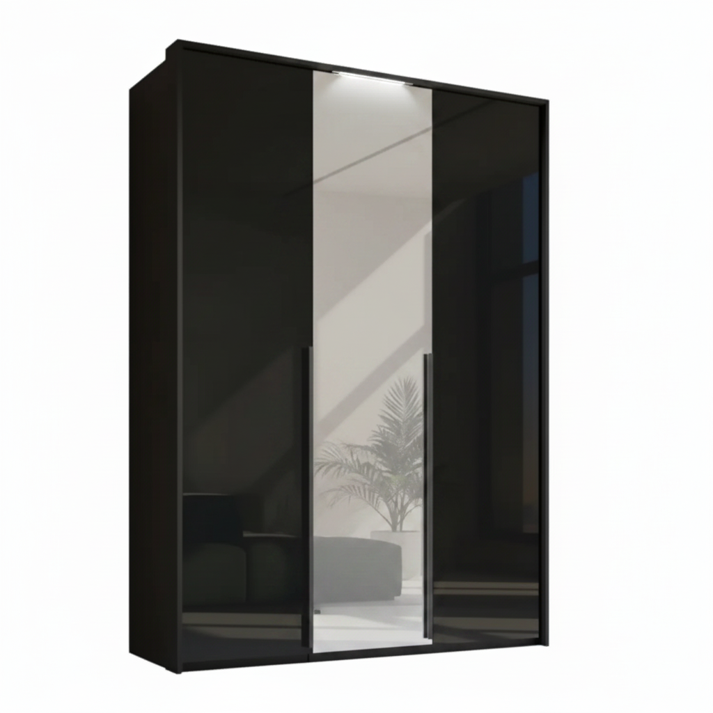 Rauch Frans 151cm Black Glass 3 door wardrobe with Mirror, Premium Interior,  Passepartout Light Frame and Long Door handles