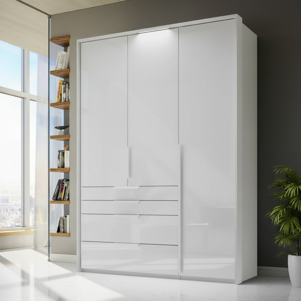 Shop the Rauch Frans 151cm White Glass 3 door wardrobe with 4 exterior drawers and Passepartout Frame with Lights