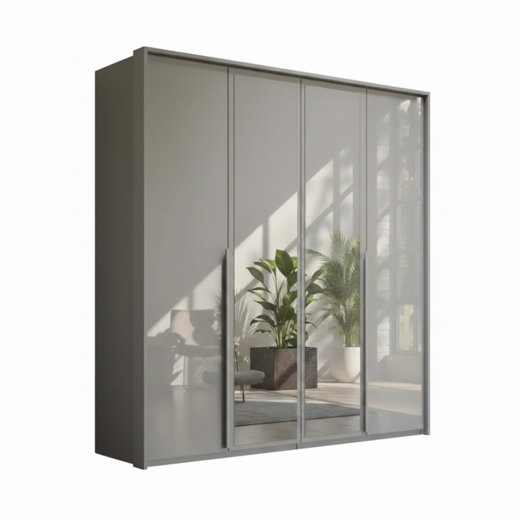 Rauch Frans 201cm Silk Grey Glass 4 door wardrobe with Mirror, premium interior, long Door Handles and Passepartout Frame