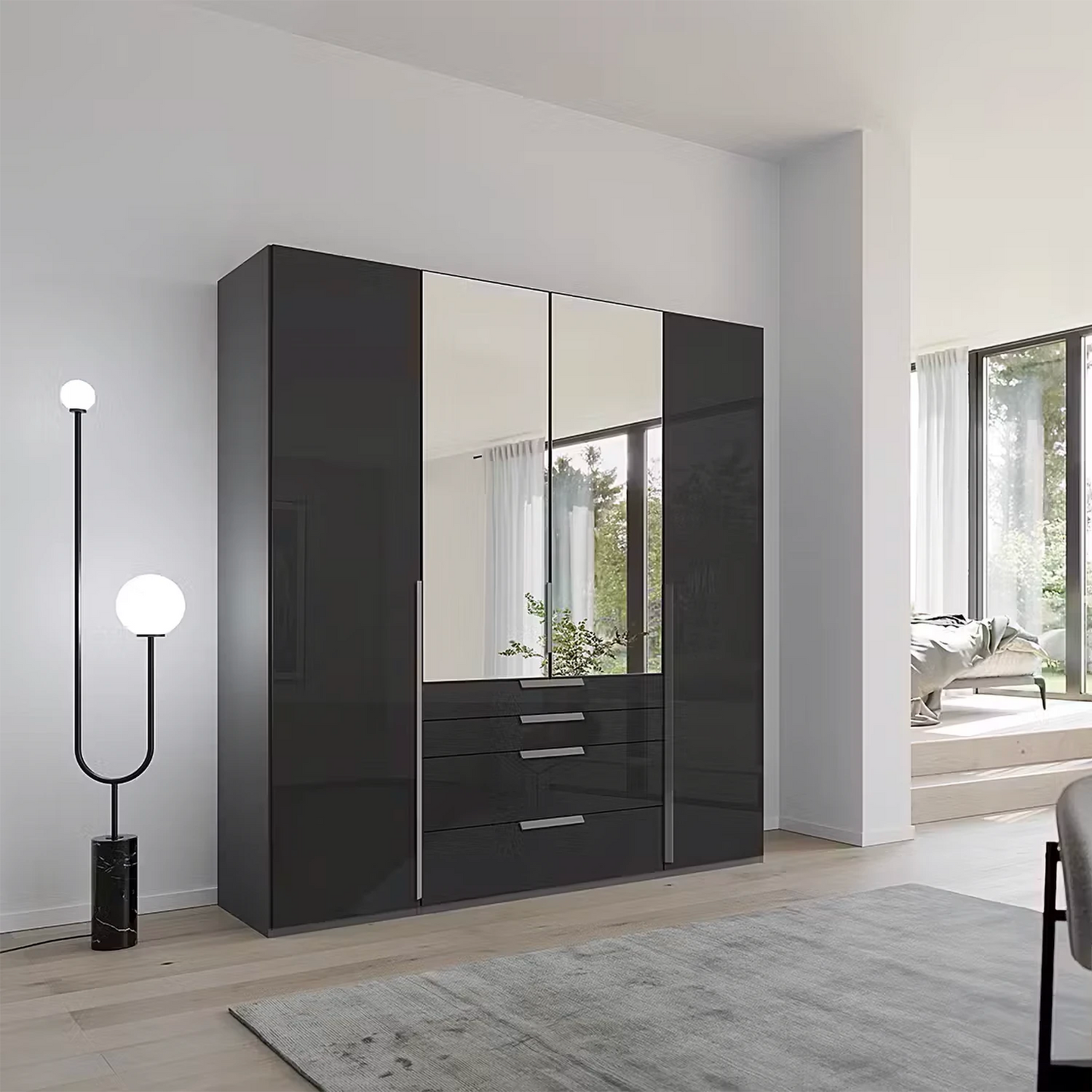 Rauch Frans 201cm Glass 4 Door Hinged Wardrobe with Exterior Drawers