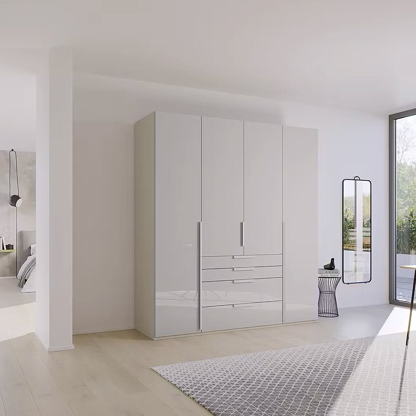 Rauch Frans 201cm Glass 4 Door Hinged Wardrobe with Exterior Drawers