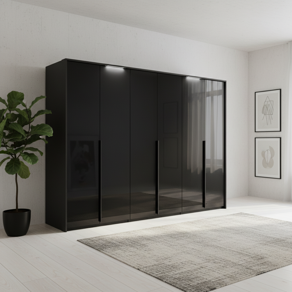 Rauch Frans 300cm Basalt Glass 6 door wardrobe with Passepartout LED frame, premium interior and long door handles