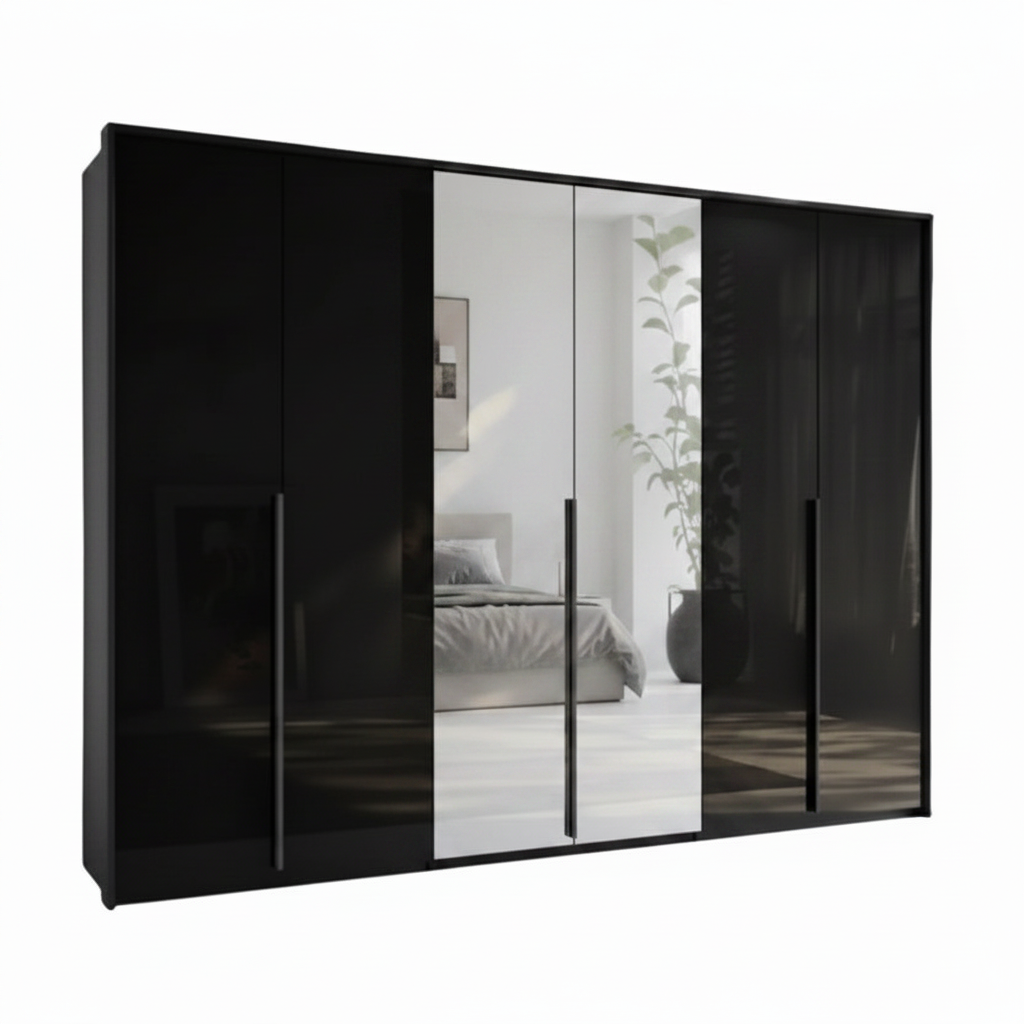 Rauch Frans 300cm Basalt Glass 6 Door Wardrobe with Mirror, Passepartout Frame and Premium Interior Inside