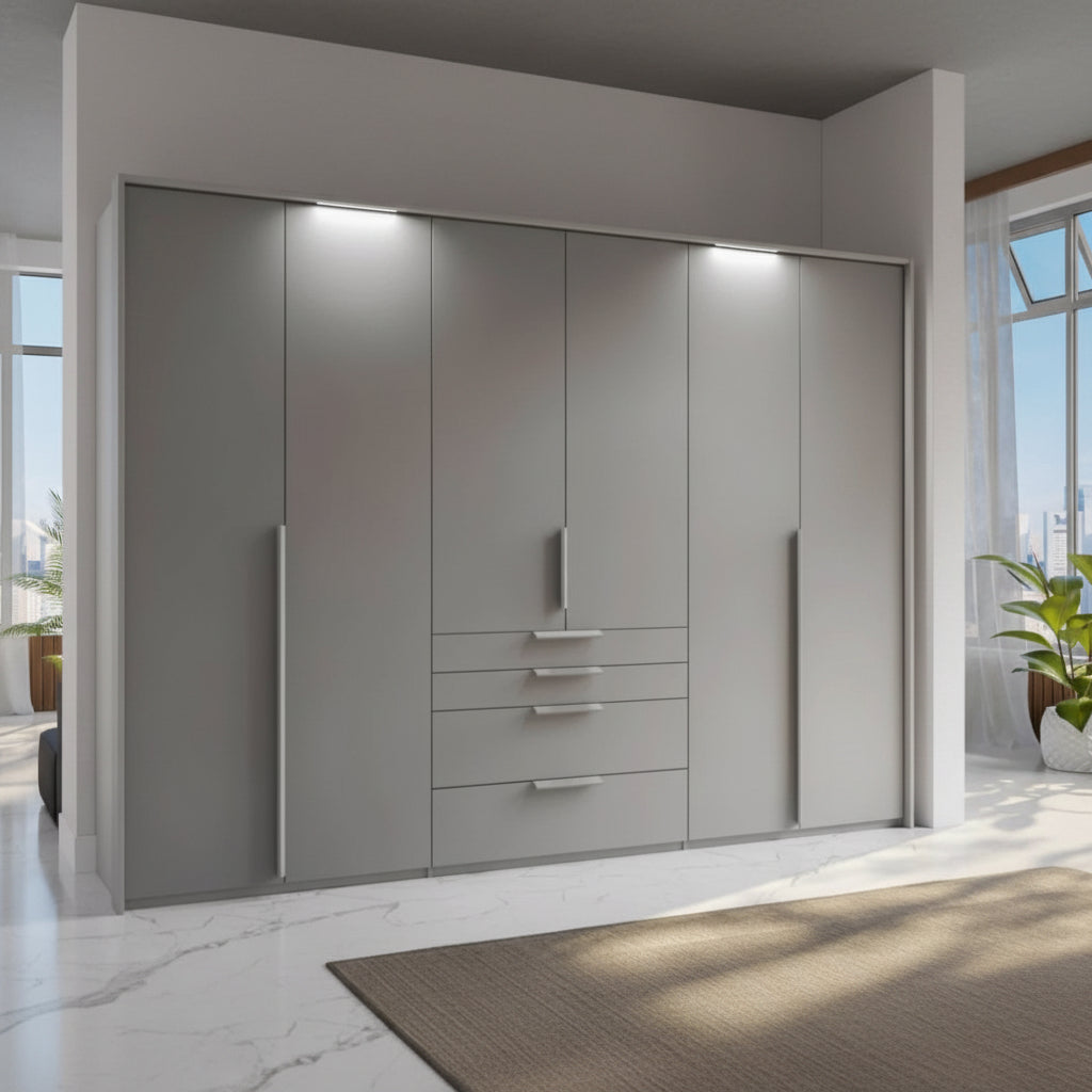 Rauch Frans 301cm Silk Grey 6 door wardrobe with exterior drawers, Long Door Handles and Light Passepartout Frame