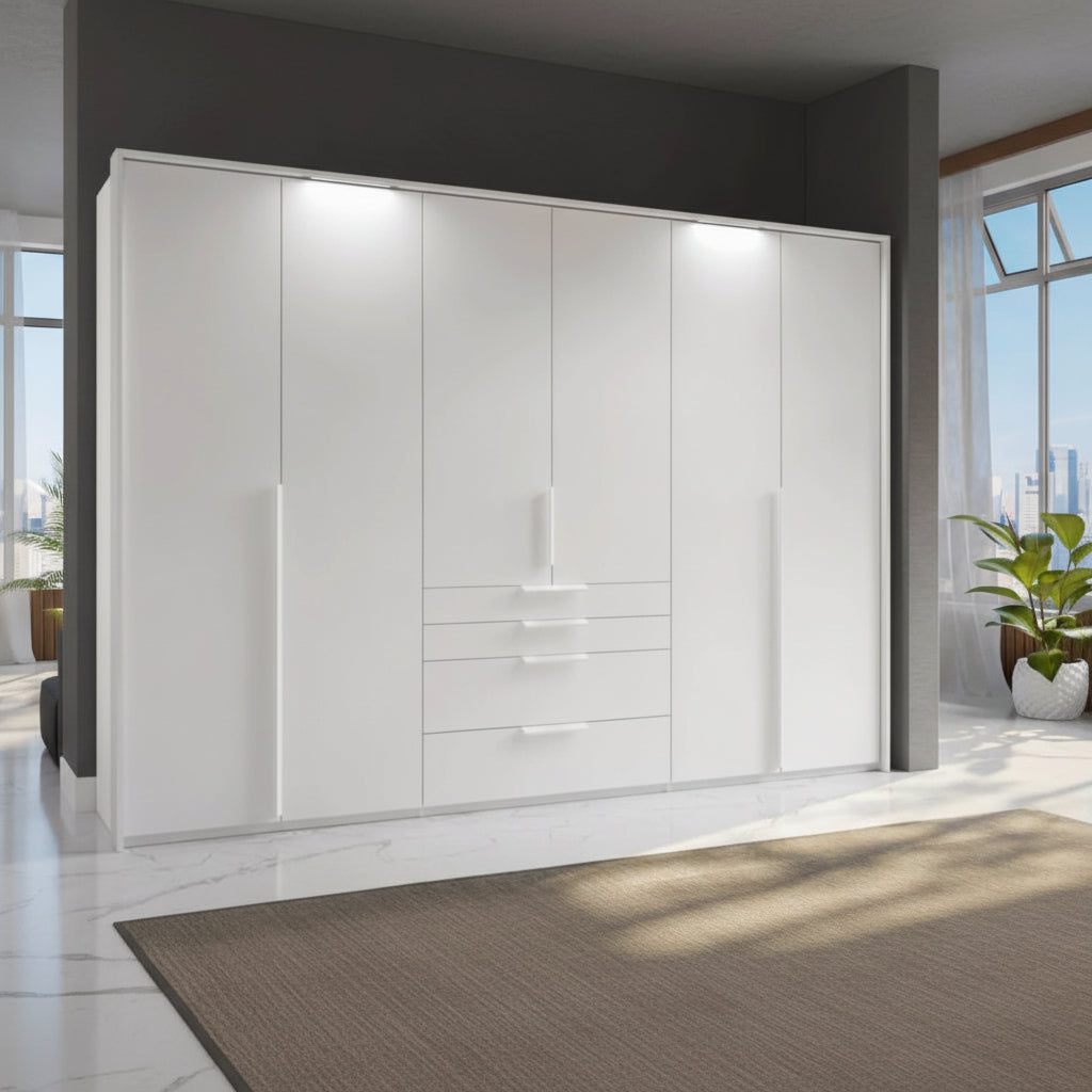 Rauch Frans 301cm White 6 door wardrobe with exterior drawers, Long Door Handles and LED Light Passepartout Frame