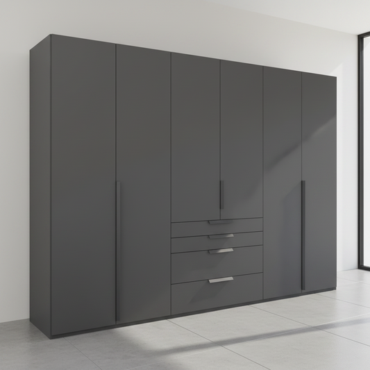 A modern dark gray wardrobe with six doors and three drawers, featuring slim vertical handles, shown in a minimalist room setting.