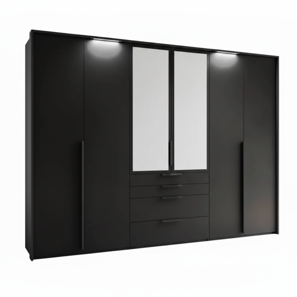 Rauch Frans 301cm Graphite 6 door wardrobe with exterior drawers, Mirror, Premium Interior Inside, Passepartout LED Light Frame and Long Door Handles