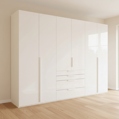 Shop the Rauch Frans Glass Front 301cm 6 door wardrobe with exterior drawers, free delivery, optional installation and a 10-year manufacturer guarantee.