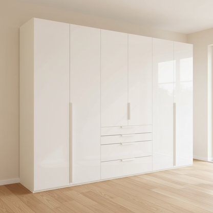 Shop the Rauch Frans Glass Front 301cm 6 door wardrobe with exterior drawers, free delivery, optional installation and a 10-year manufacturer guarantee.
