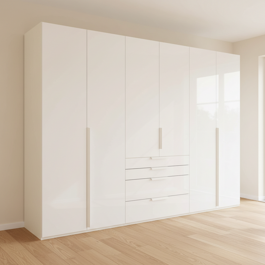 Shop the Rauch Frans Glass Front 301cm 6 door wardrobe with exterior drawers, free delivery, optional installation and a 10-year manufacturer guarantee.