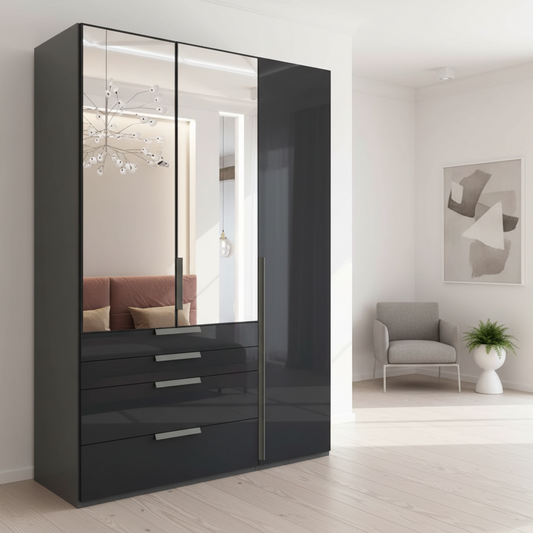 Shop the Rauch Frans 151cm Black Glass 3 door wardrobe with Mirror 4 exterior drawers