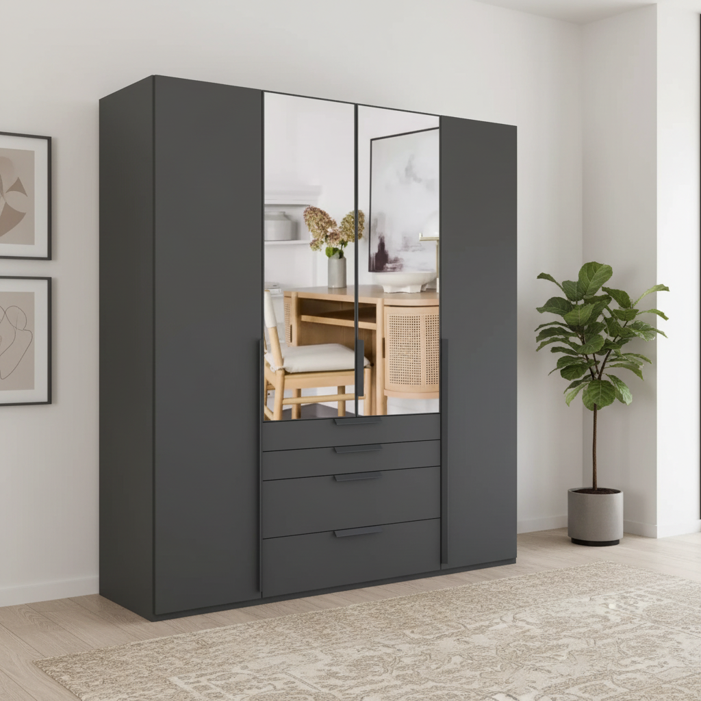 Shop the Rauch Frans 201cm 4 door wardrobe with exterior drawers, Mirror, free delivery, optional room of choice delivery or assembly, and a 10-year guarantee.