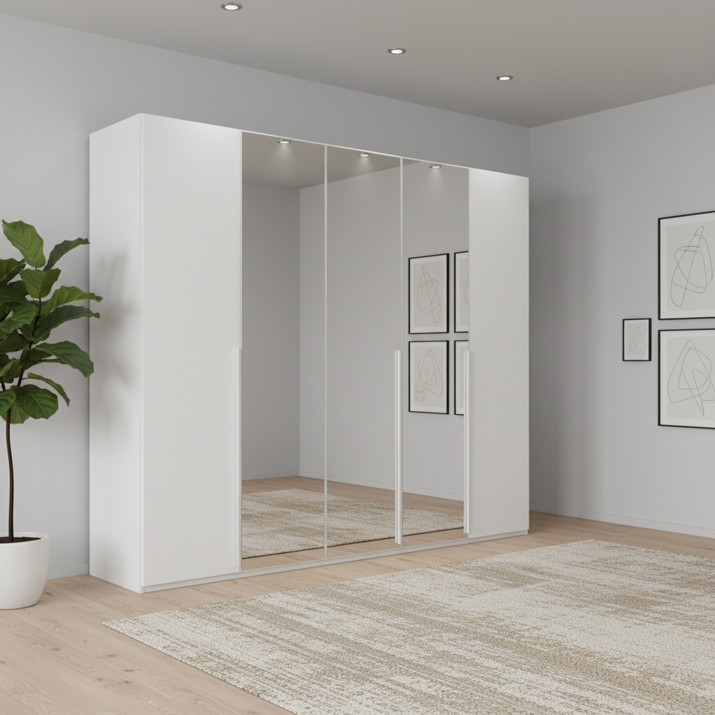 Rauch Frans 250cm White Glass 5 door wardrobe with Mirror, premium interior, Long Door Handles, free assembly and 10-year guarantee.