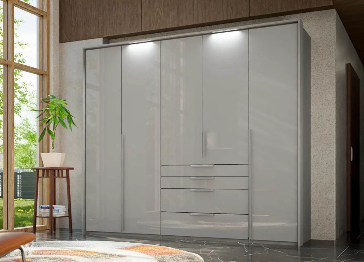 Frans 250cm Glass 5 Door Wardrobe With Drawers in Silk Grey - Passepartout Frame with Lights