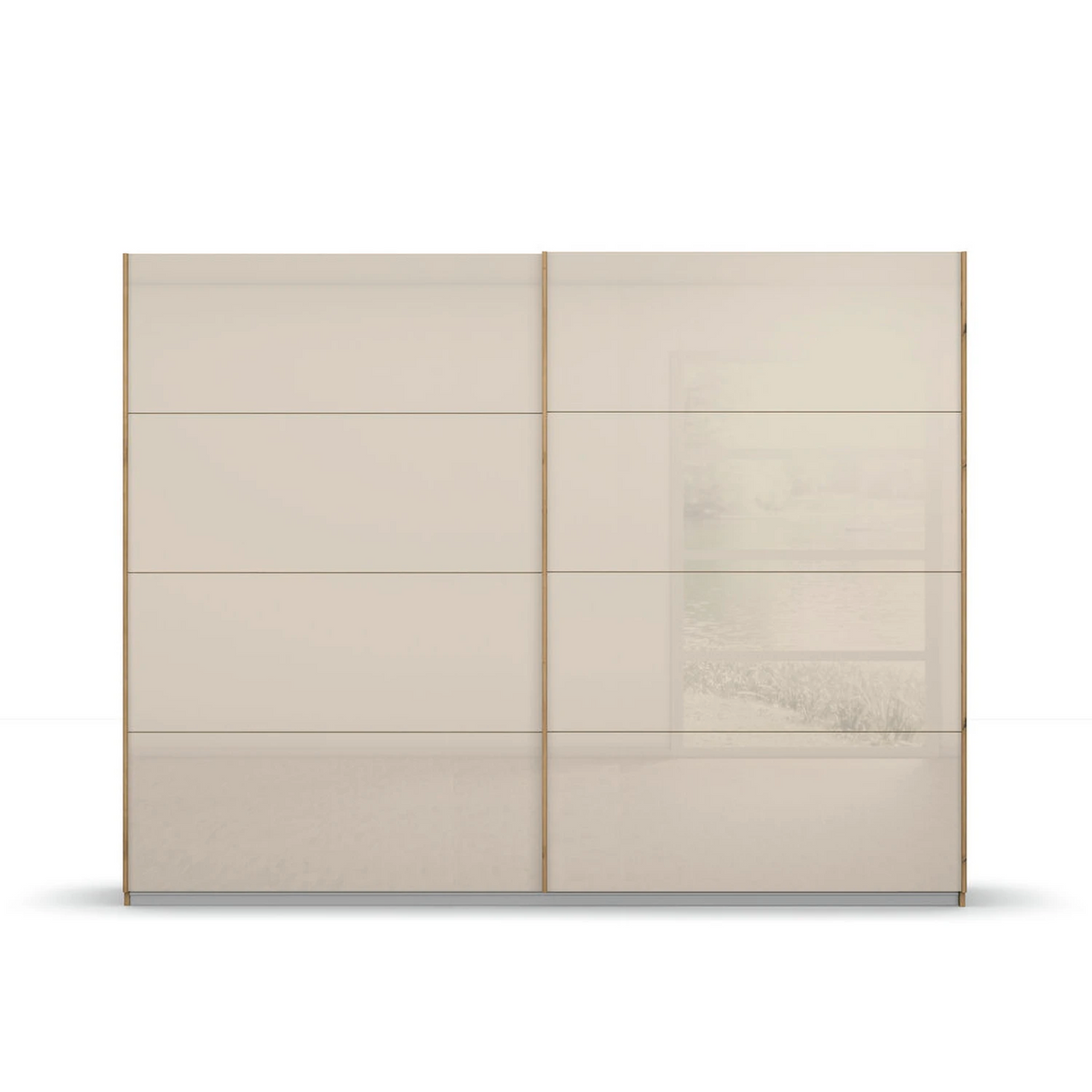 Rauch Freja Glass Door Sliding Wardrobe in Champagne front with Oak Carcase view