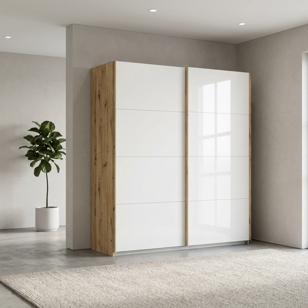 Rauch Freja Glass Door Sliding Wardrobe in White front with Oak Carcase styled in a modern bedroom