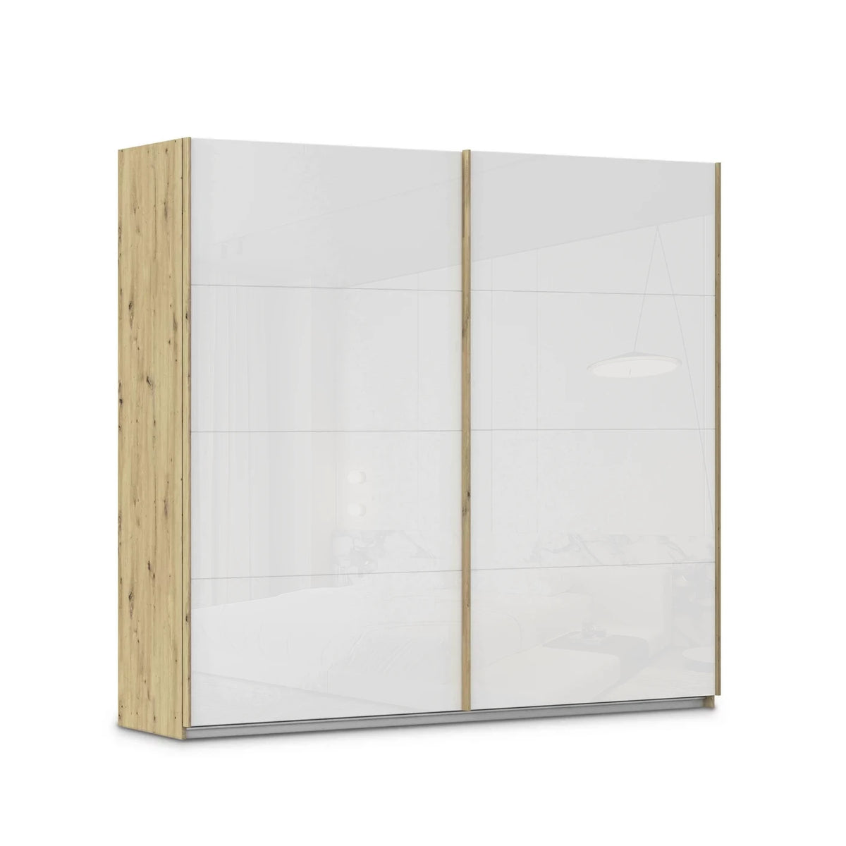 Rauch Freja Glass Door Sliding Wardrobe in White front with Oak Carcase