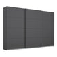 A modern three-door rauch sliding wardrobe or closet in dark charcoal gray, shown from a three-quarter angle against a plain white background.