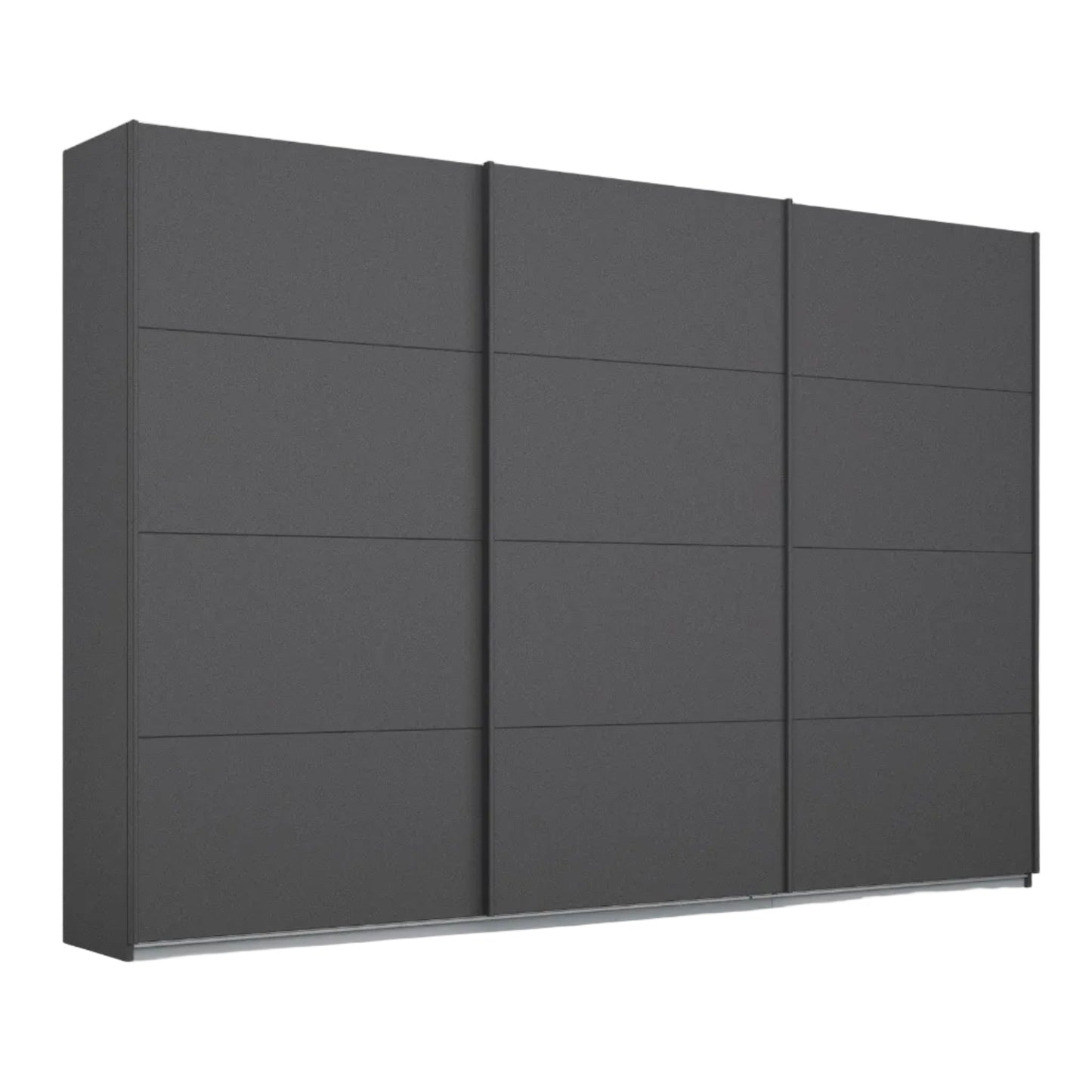 A modern three-door rauch sliding wardrobe or closet in dark charcoal gray, shown from a three-quarter angle against a plain white background.