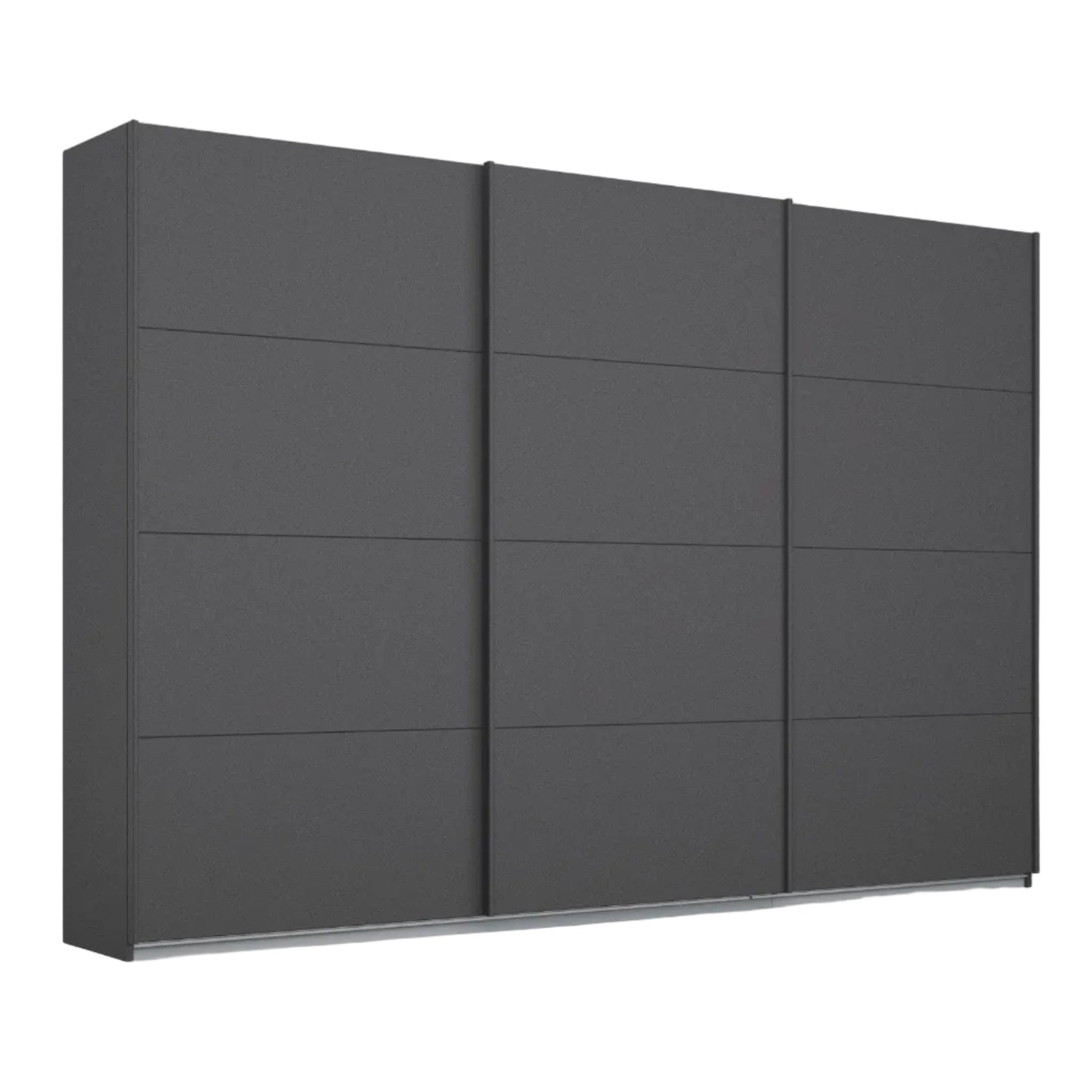 A modern three-door rauch sliding wardrobe or closet in dark charcoal gray, shown from a three-quarter angle against a plain white background.