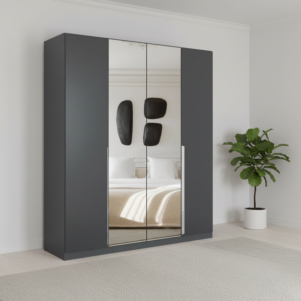 Rauch Glamour 181cm Metallic Grey 4 Door Mirrored Wardrobe with Chrome Handles