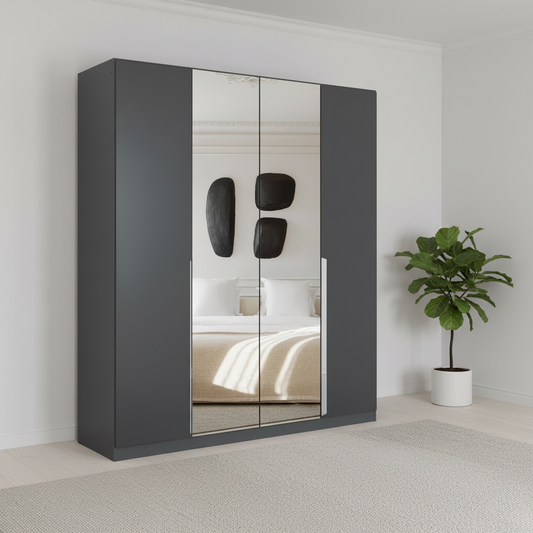 Rauch Glamour 181cm Metallic Grey 4 Door Mirrored Wardrobe with Chrome Handles