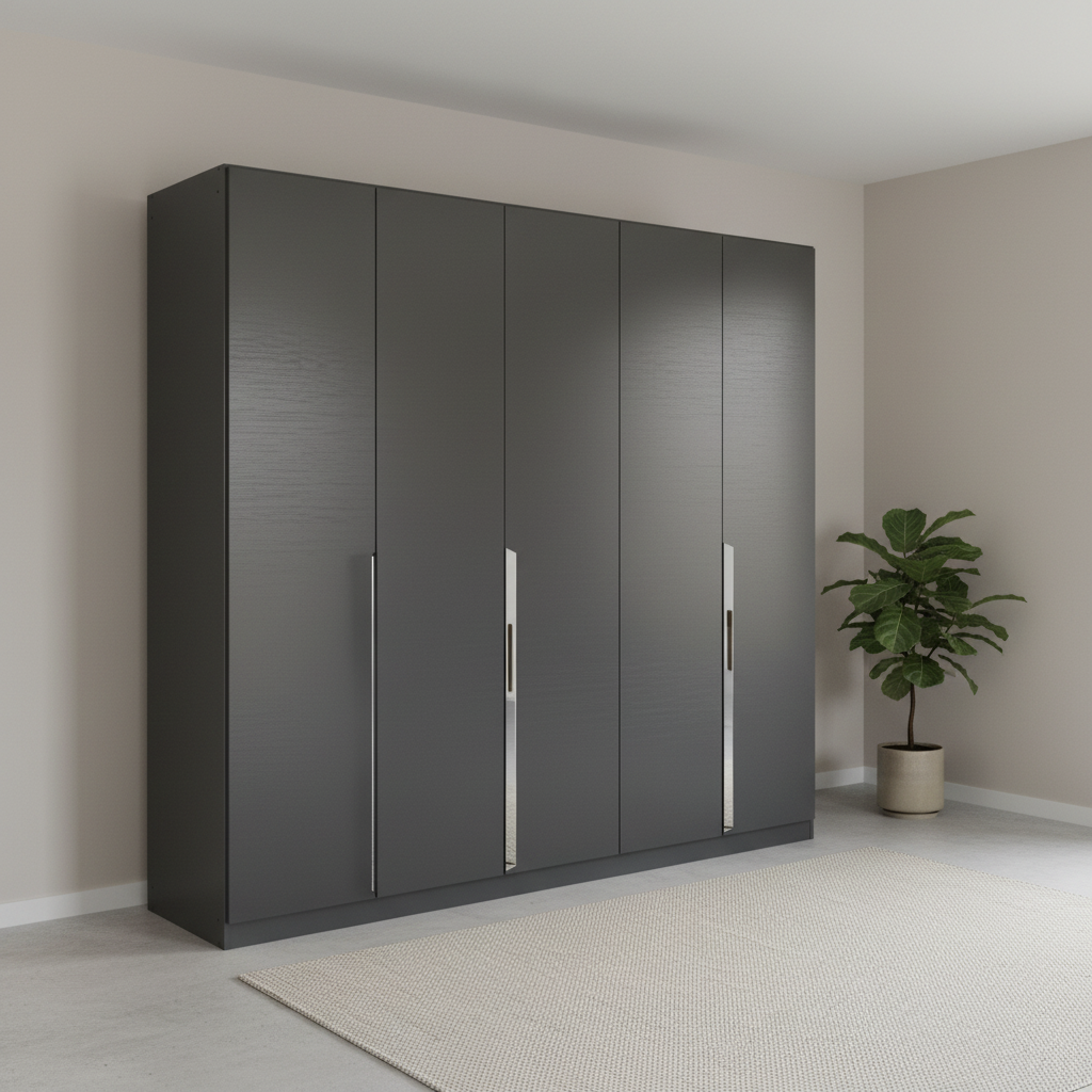 Rauch Glamour 226cm Metallic Grey 5 Door Wardrobe with Long Chrome Handles