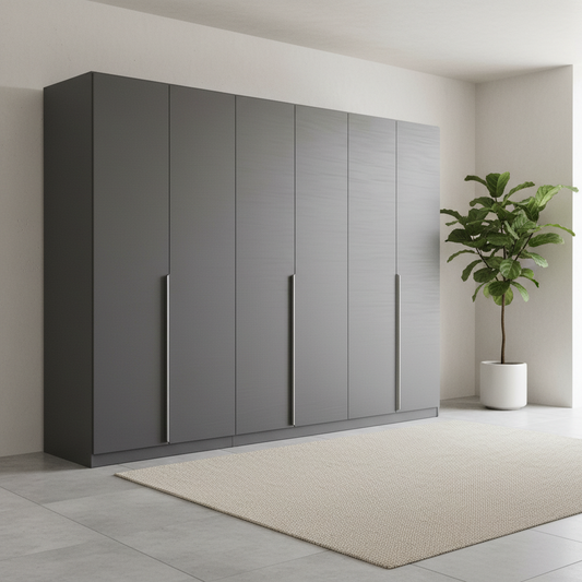 Large German-made Rauch Glamour graphite 6 door wardrobe, 271cm wide, in metallic grey décor, high gloss or basalt glass with long chrome handles.