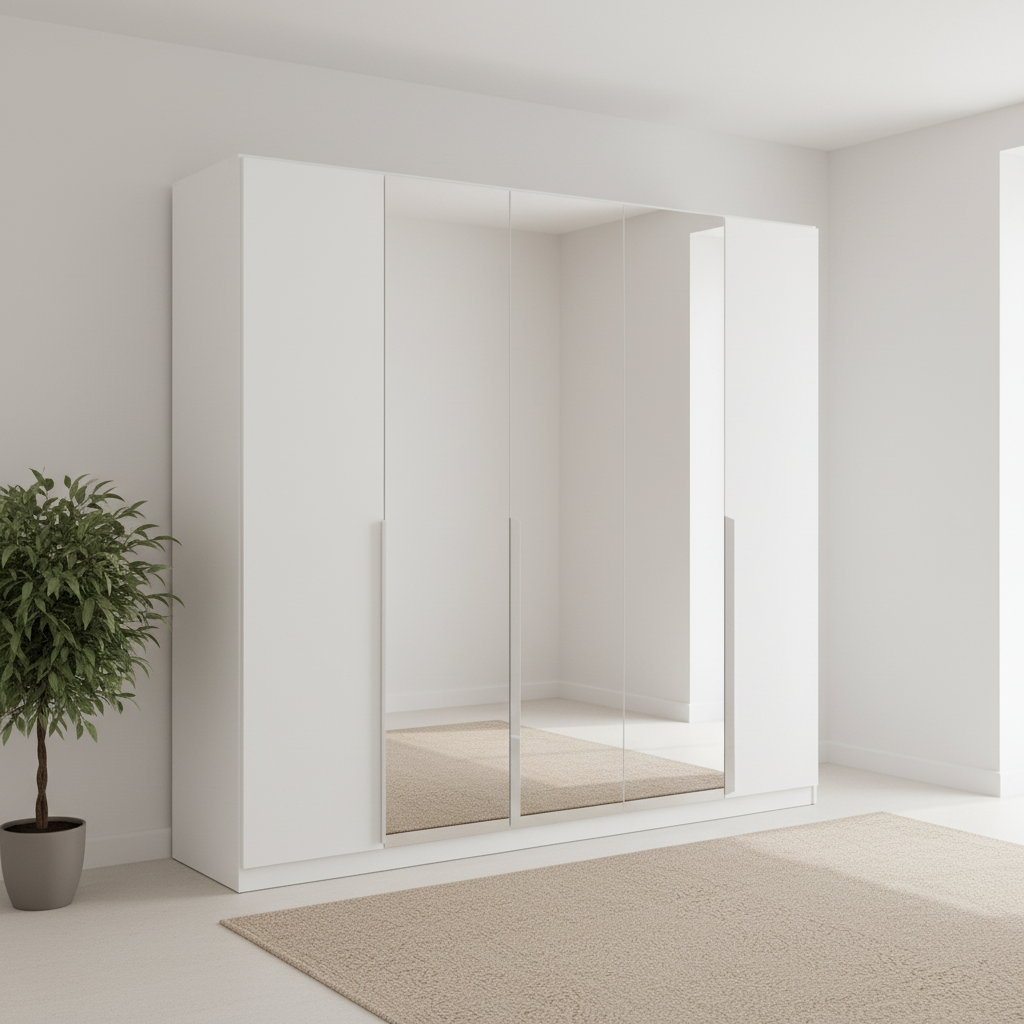 Rauch Glamour 226cm Decor White 5 Door Mirrored Wardrobe with long chrome handles