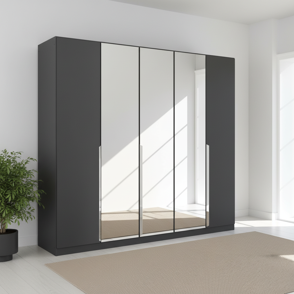 Rauch Glamour 226cm Metallic Grey 5 Door Mirrored Wardrobe