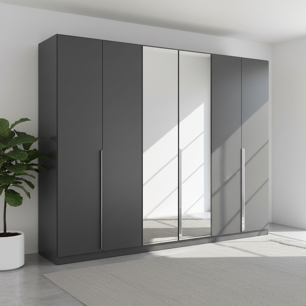 Rauch Glamour Large 271cm Metallic Grey 6 Doors With Mirrored Wardrobe and long chrome handles