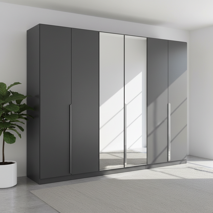 Rauch Glamour Large 271cm Metallic Grey 6 Doors With Mirrored Wardrobe and long chrome handles