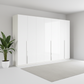 A tall Rauch Glamour white high-gloss wardrobe or large cabinet with six doors and slim vertical handles, shown in a minimalist room with a light gray rug and a potted plant.