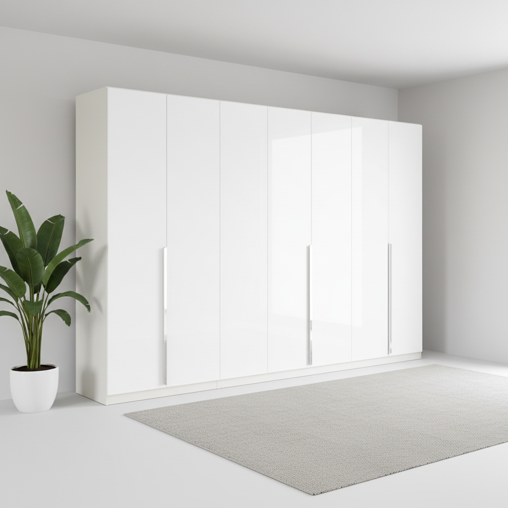 A tall Rauch Glamour white high-gloss wardrobe or large cabinet with six doors and slim vertical handles, shown in a minimalist room with a light gray rug and a potted plant.