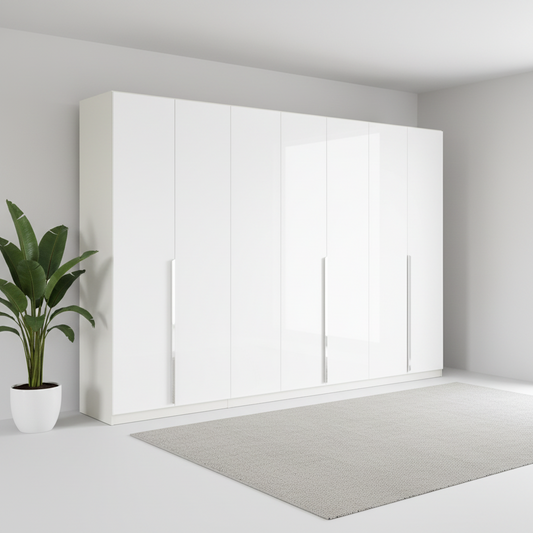 A tall Rauch Glamour white high-gloss wardrobe or large cabinet with six doors and slim vertical handles, shown in a minimalist room with a light gray rug and a potted plant.