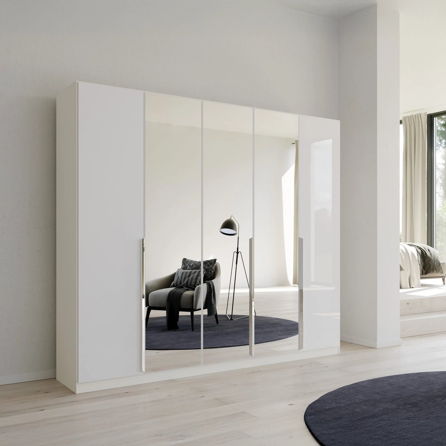 Rauch Glamour White 5 Door Mirrored Wardrobe – 226cm