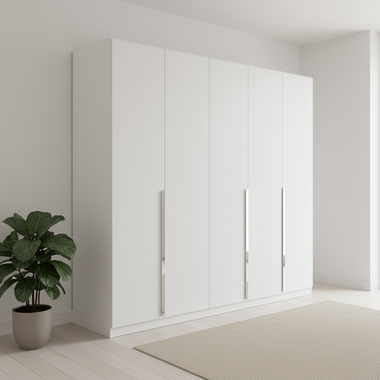 Rauch Glamour Decor white five door hinged wardrobe with long chrome handles