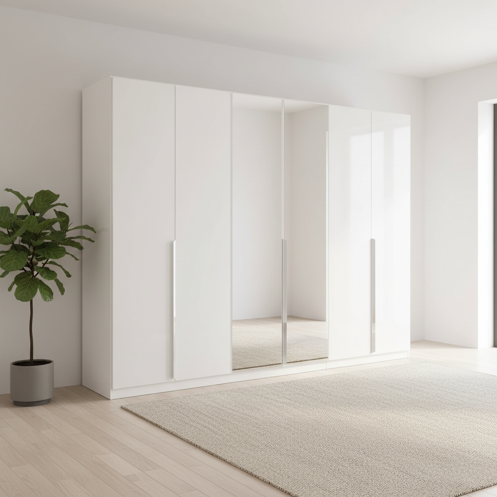 A modern white wardrobe or closet with four solid White high gloss doors and two mirroreddoors, shown in a bright minimalist room with light wood flooring, a beige rug, and a potted plant.