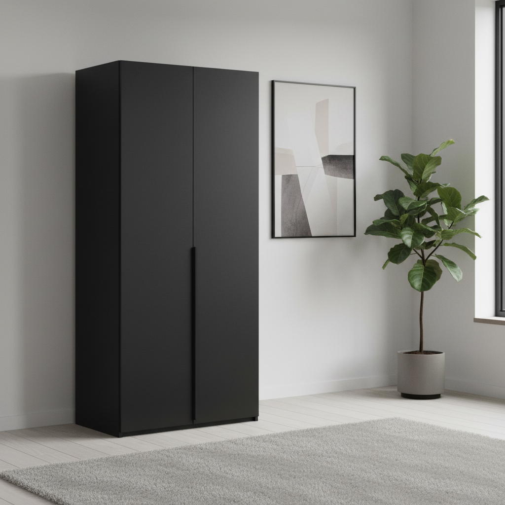 Rauch Heaven 101cm 2 Door Hinged Wardrobe with Décor Doors in Black styled in a modern bedroom