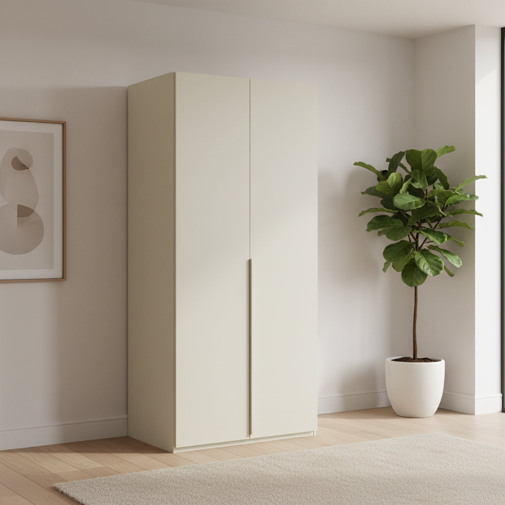 Rauch Heaven 101cm 2 Door Hinged Wardrobe with Décor Doors in Champagne styled in a modern bedroom