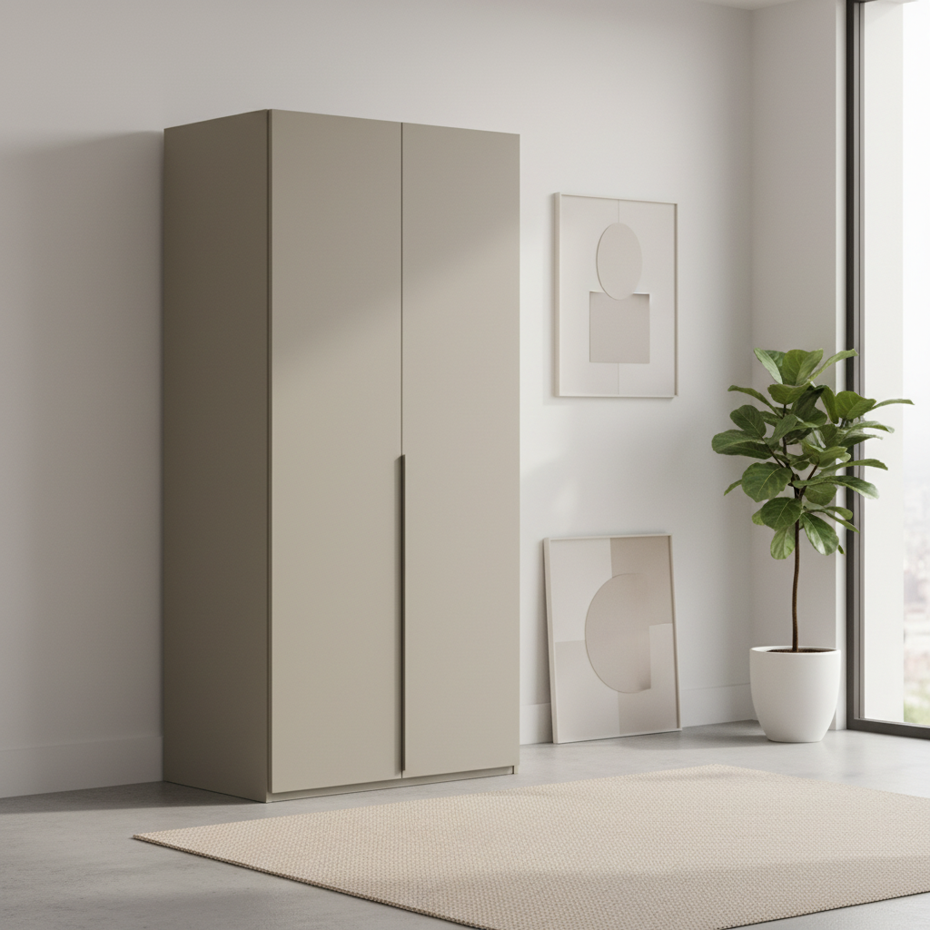 Rauch Heaven 101cm 2 Door Hinged Wardrobe with Décor Doors in fango styled in a modern bedroom