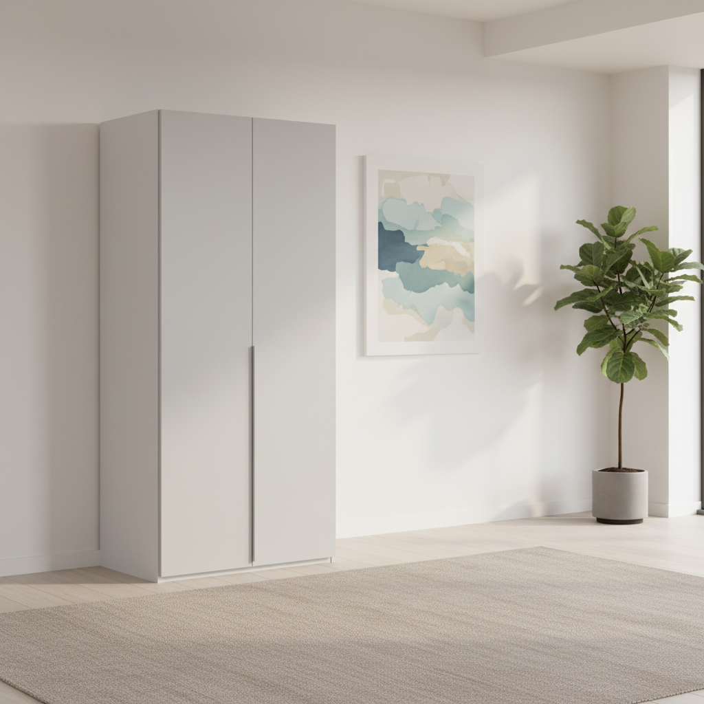 Rauch Heaven 101cm 2 Door Hinged Wardrobe with Décor Doors in Silk Grey styled in a modern bedroom