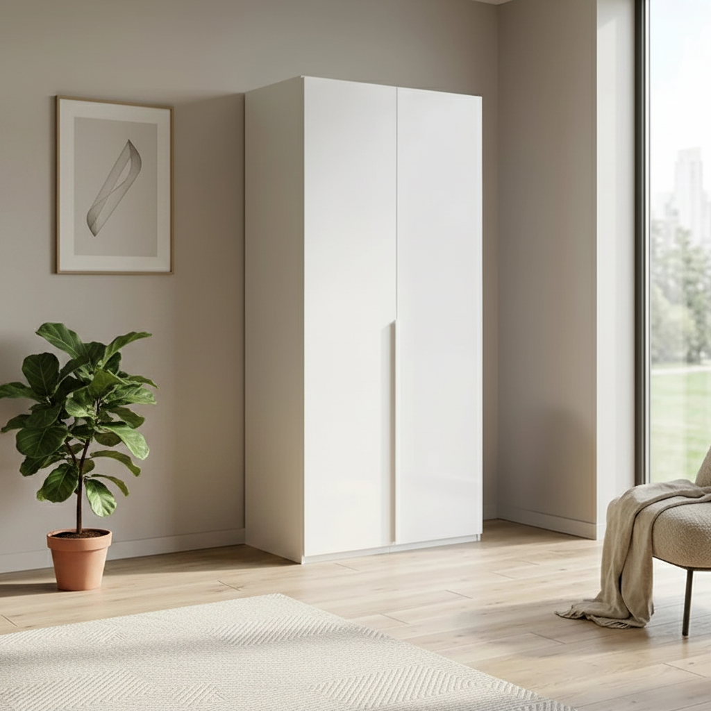 Rauch Heaven 101cm 2 Door Hinged Wardrobe with Décor Doors in Alpine White styled in a modern bedroom