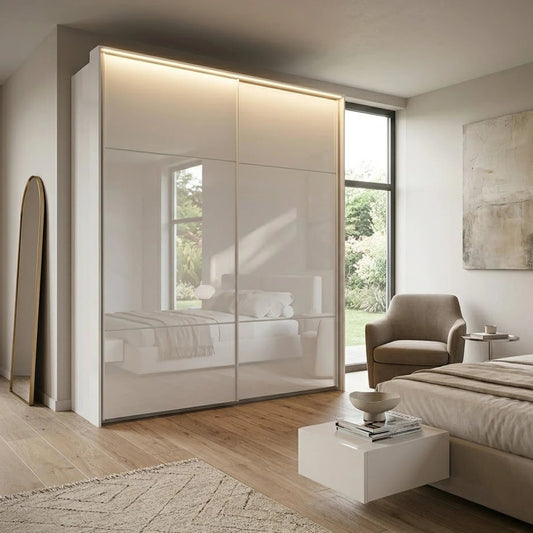 Rauch Heaven 2 Door Slider Wardrobe with Glass Doors - Styled in a Bedroom
