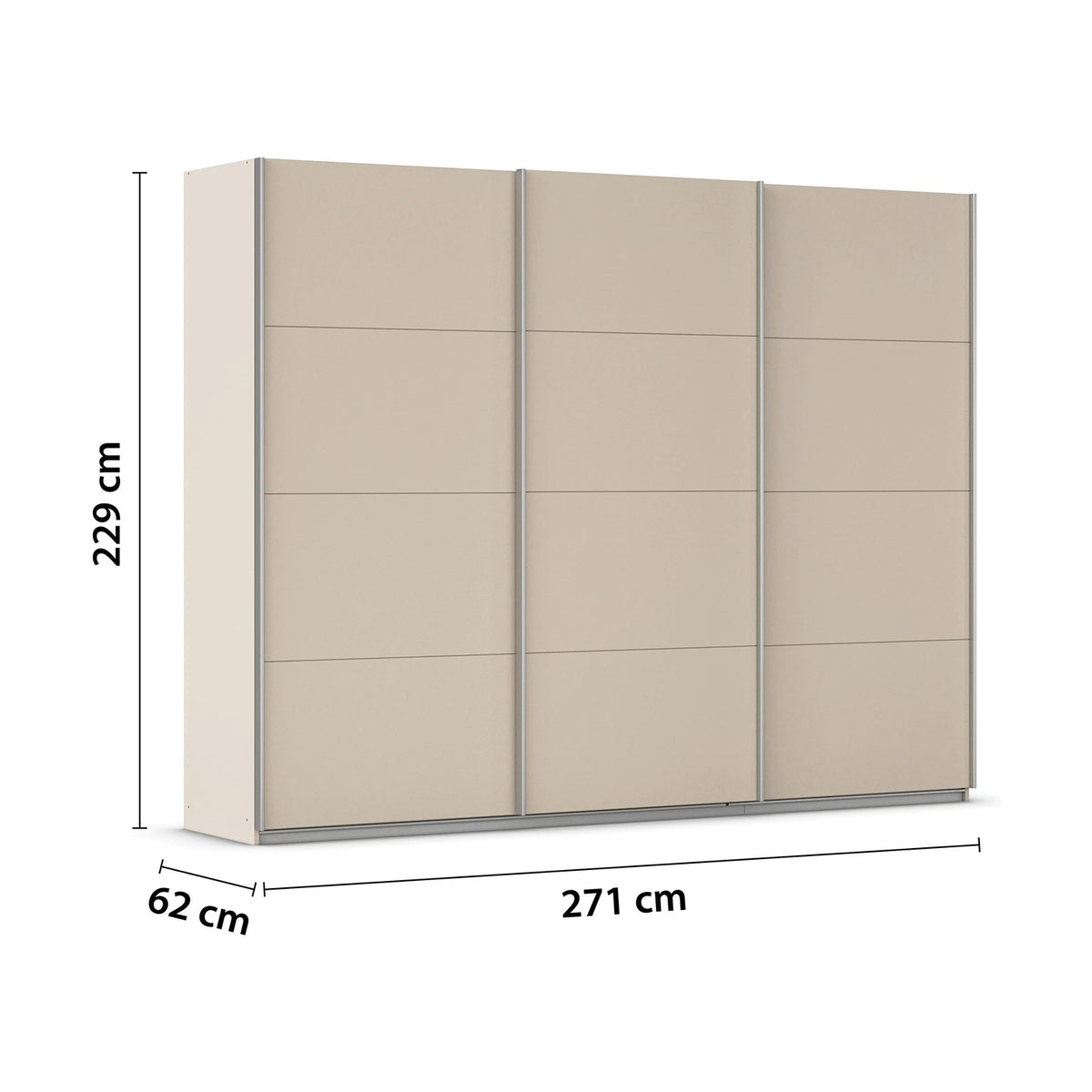 A four-panel three door Rauch Impulse sliding wardrobe or closet door system shown on a white background with dimension annotations indicating 229 cm height, 271 cm width, and 62 cm depth.